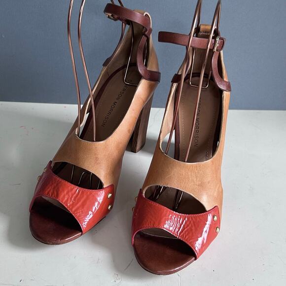 Sigerson Morrison heels size 9 colorblock orange wood Scandinavian studded MCM - Picture 5 of 12